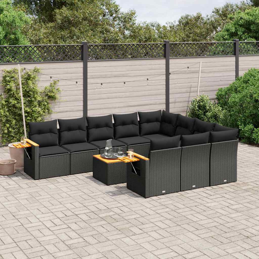 JUNG Vida 11-tlg. Garten-Sofagarnitur mit Kissen Schwarz Poly Rattan