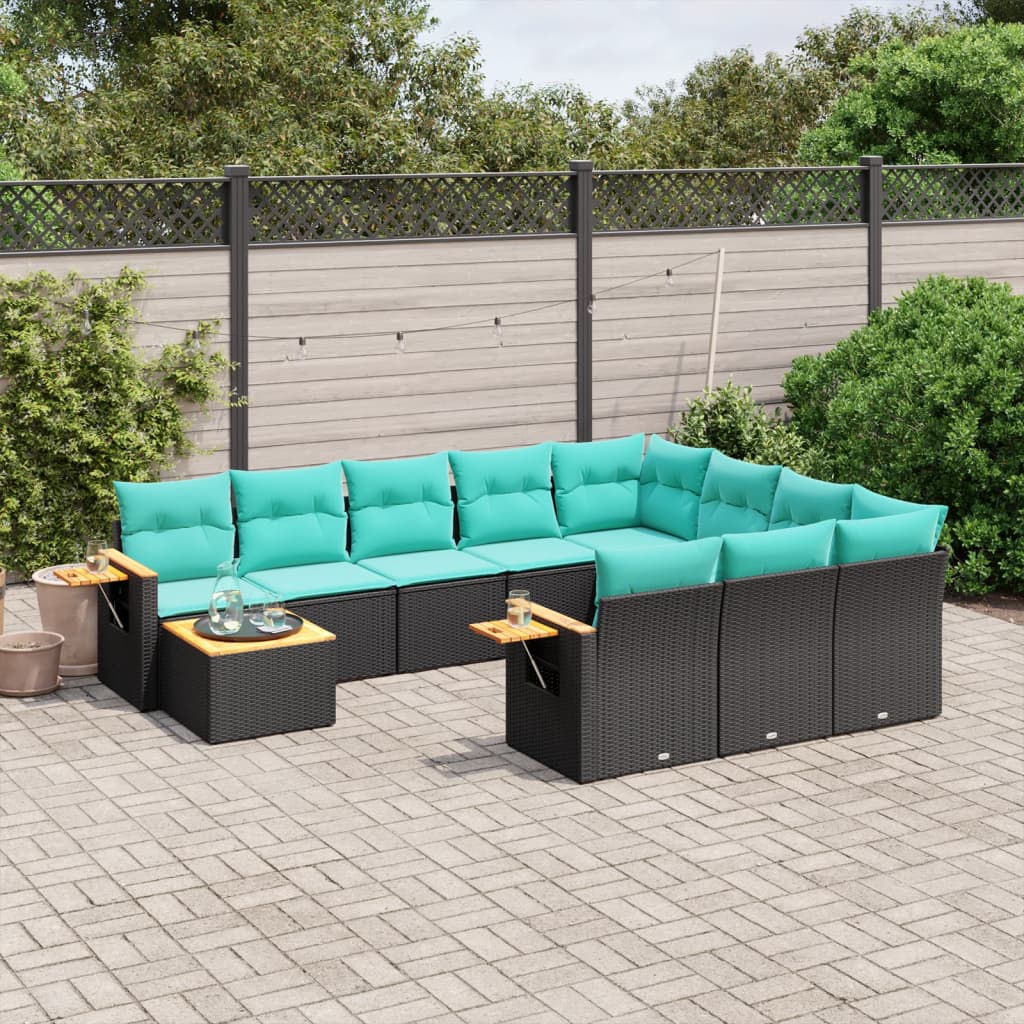 JUNG Vida 11-tlg. Garten-Sofagarnitur mit Kissen Schwarz Poly Rattan