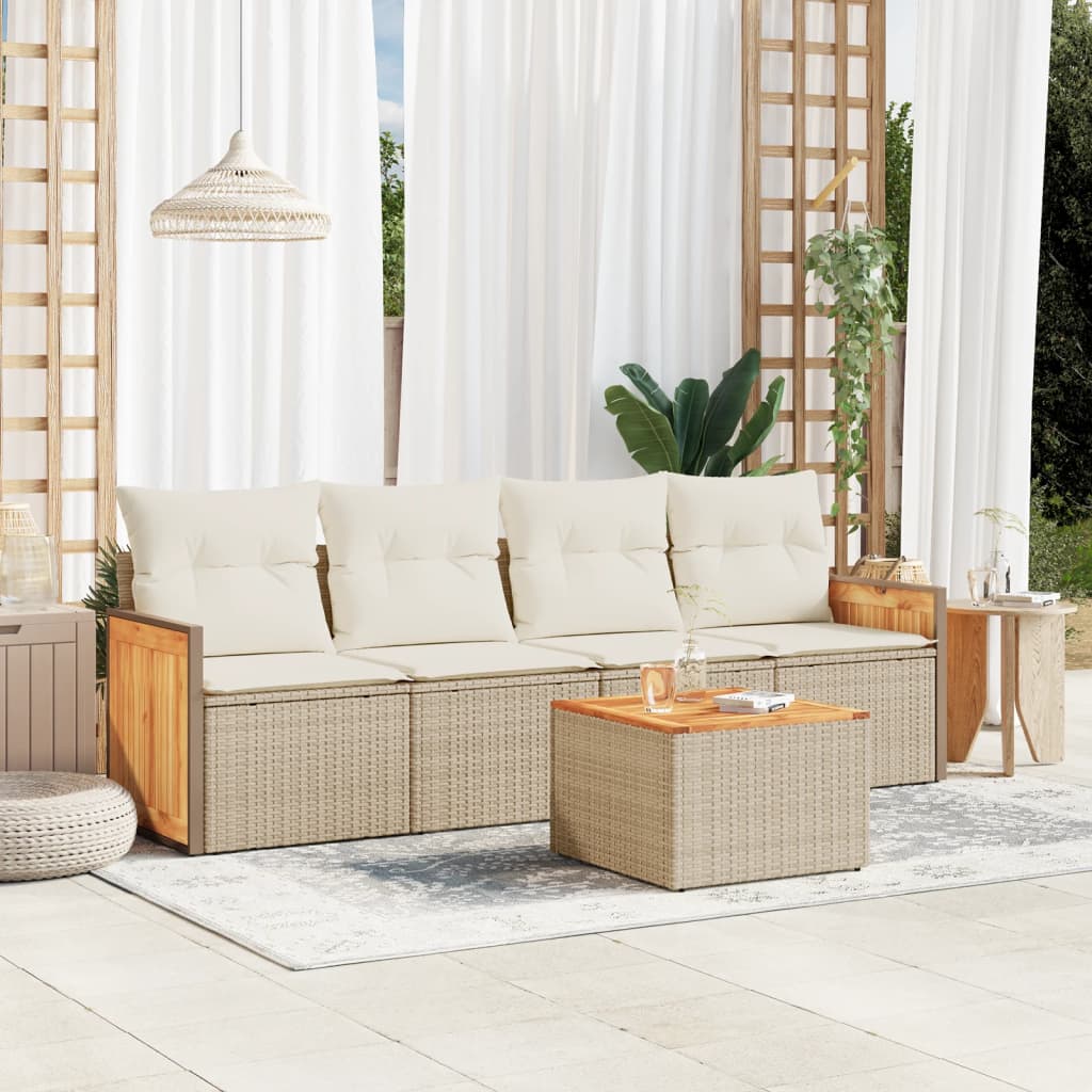 JUNG Vida 5-tlg. Garten-Sofagarnitur mit Kissen Beige Poly Rattan