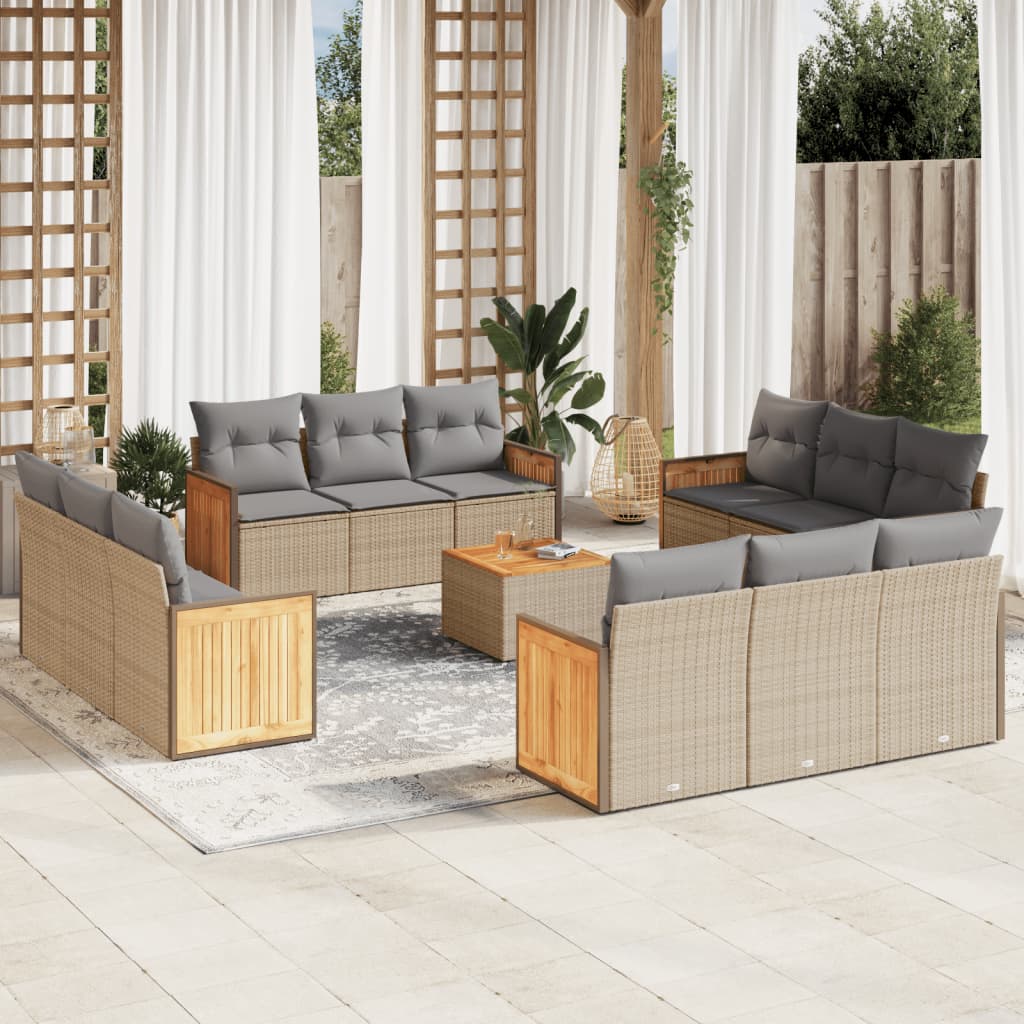 JUNG Vida 13-tlg. Garten-Sofagarnitur mit Kissen Beige Poly Rattan