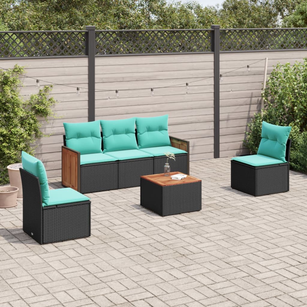 JUNG Vida 6-teiliges Gartensofa-Set mit Kissen, schwarzes Polyrattan