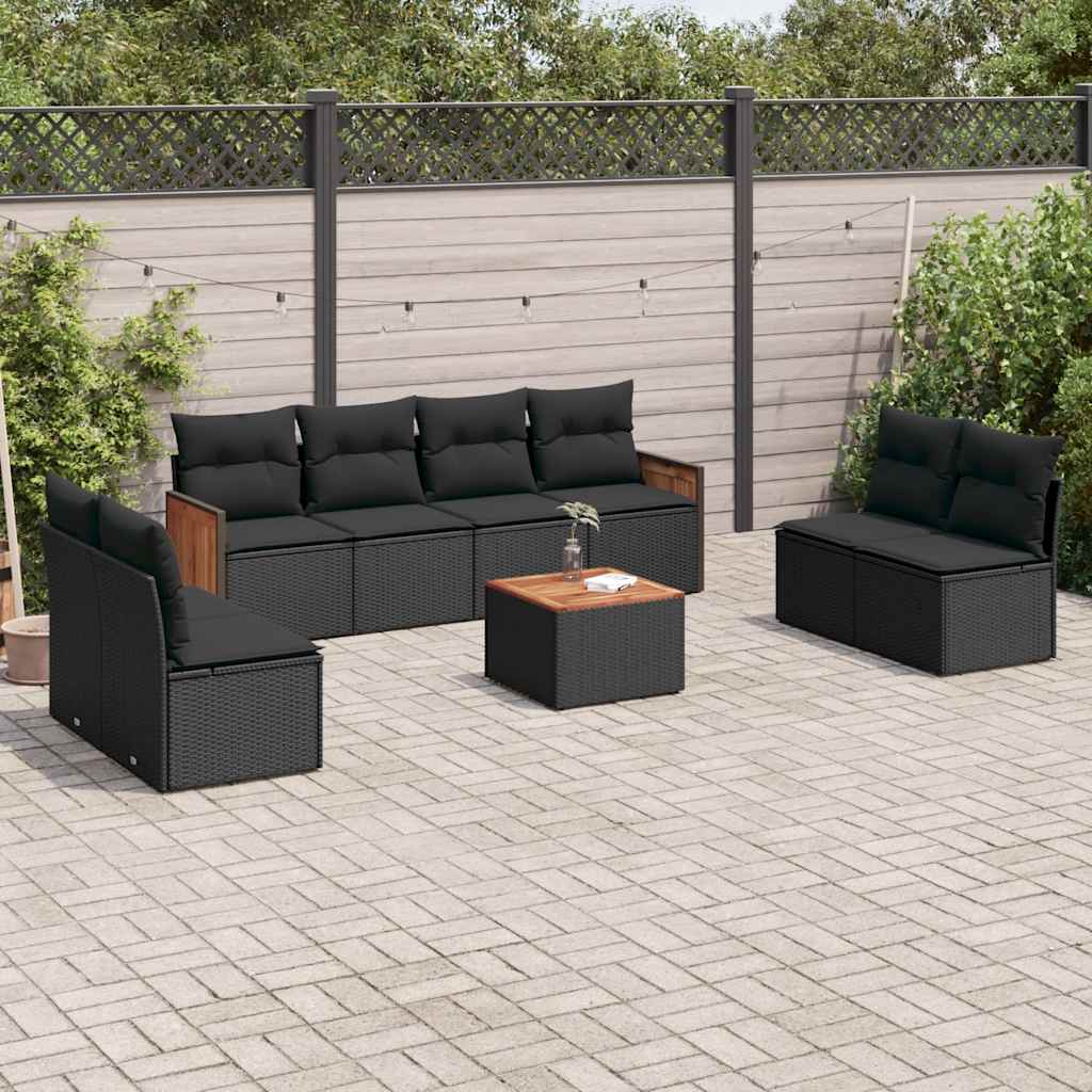 JUNG Vida 9-tlg. Garten-Sofagarnitur mit Kissen Schwarz Poly Rattan