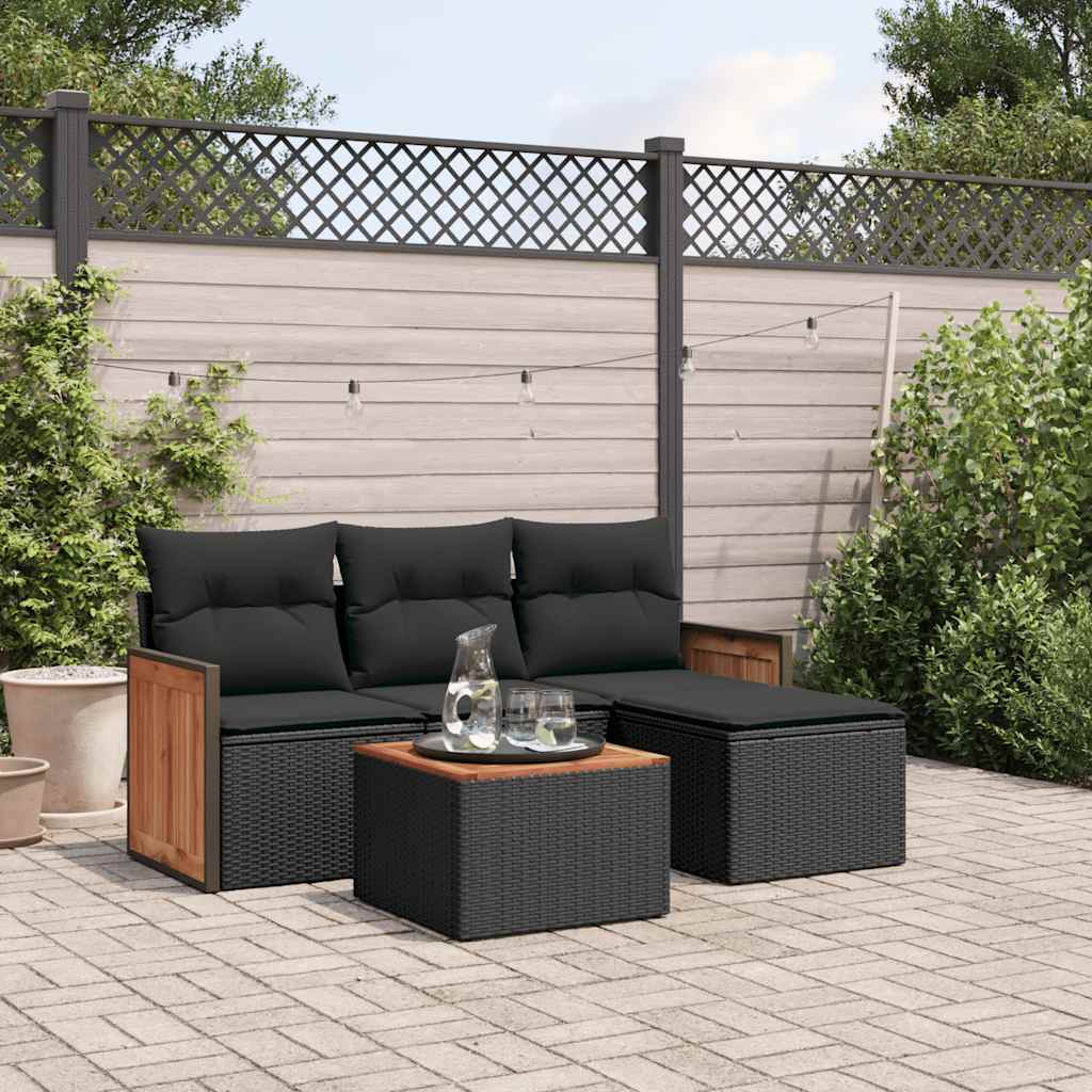 JUNG Vida 5-tlg. Garten-Sofagarnitur mit Kissen Schwarz Poly Rattan