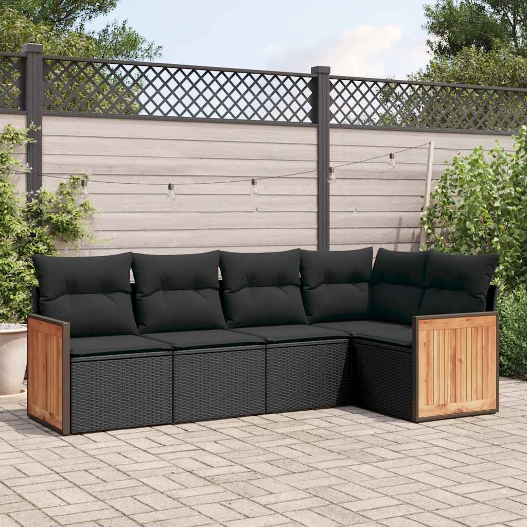 JUNG Vida 5-tlg. Garten-Sofagarnitur mit Kissen Schwarz Poly Rattan