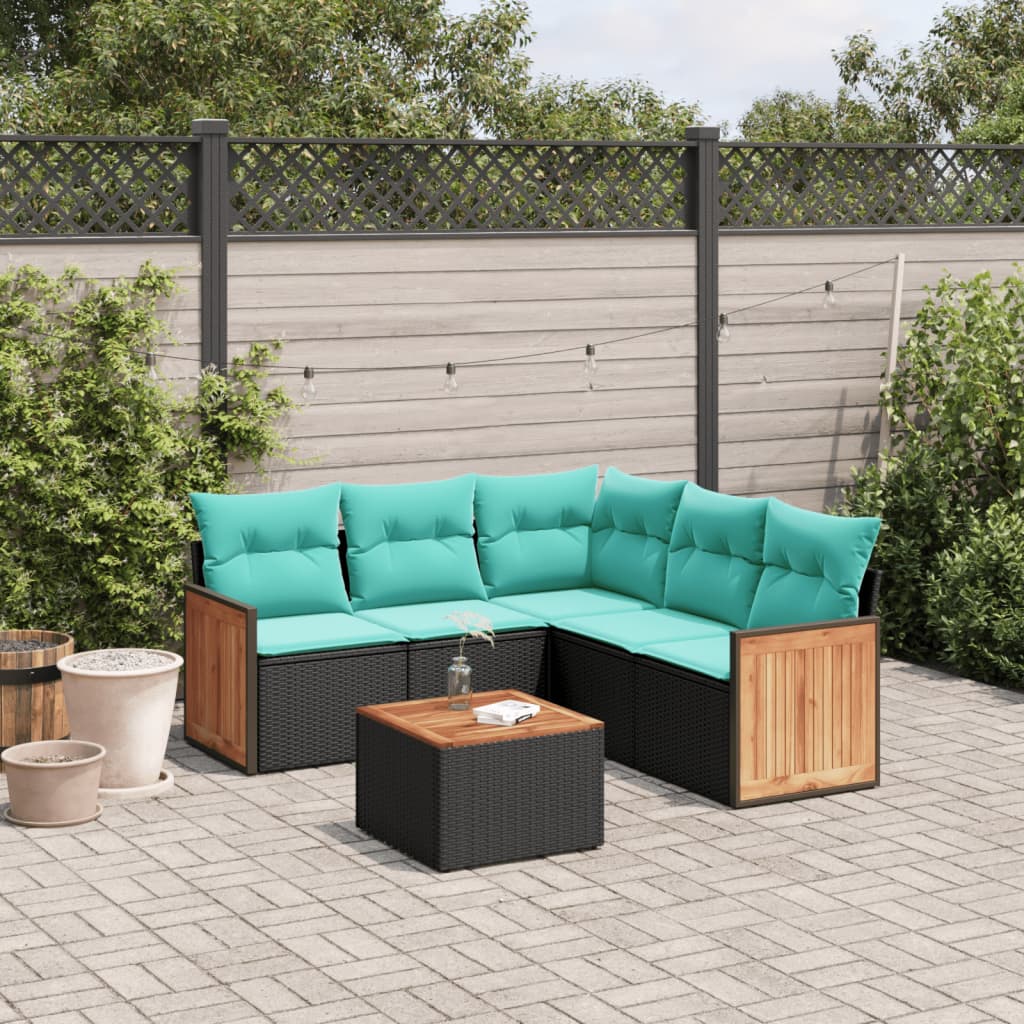 JUNG Vida 6-teiliges Gartensofa-Set mit Kissen, schwarzes Polyrattan