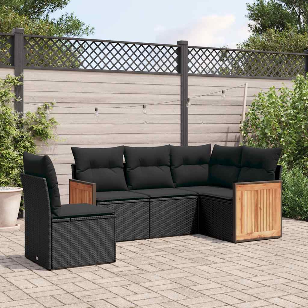 JUNG Vida 5-tlg. Garten-Sofagarnitur mit Kissen Schwarz Poly Rattan