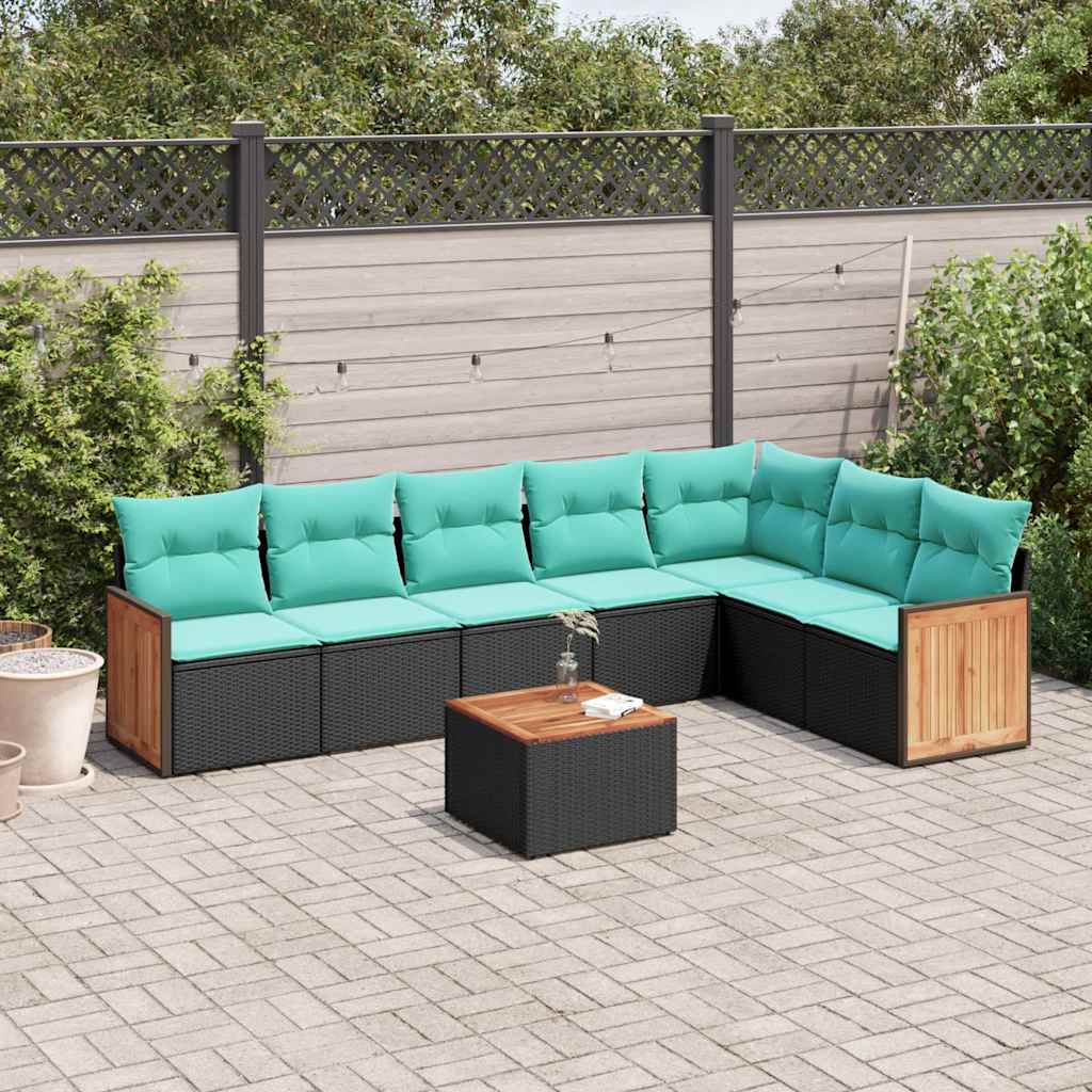 JUNG Vida 8-teiliges Gartensofa-Set mit Kissen, schwarzes Polyrattan