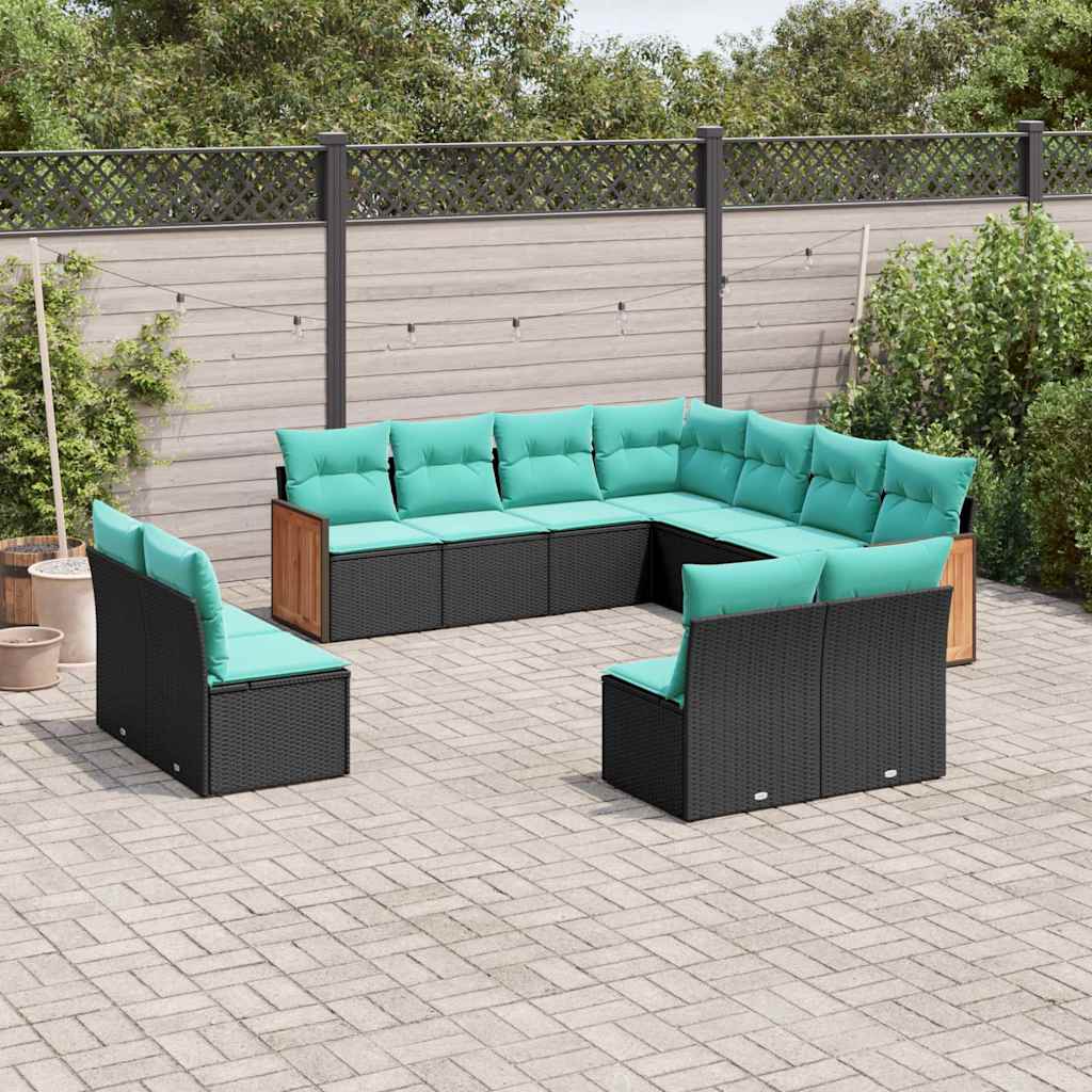 JUNG Vida 11-teiliges Gartensofa-Set mit Kissen, schwarzes Polyrattan