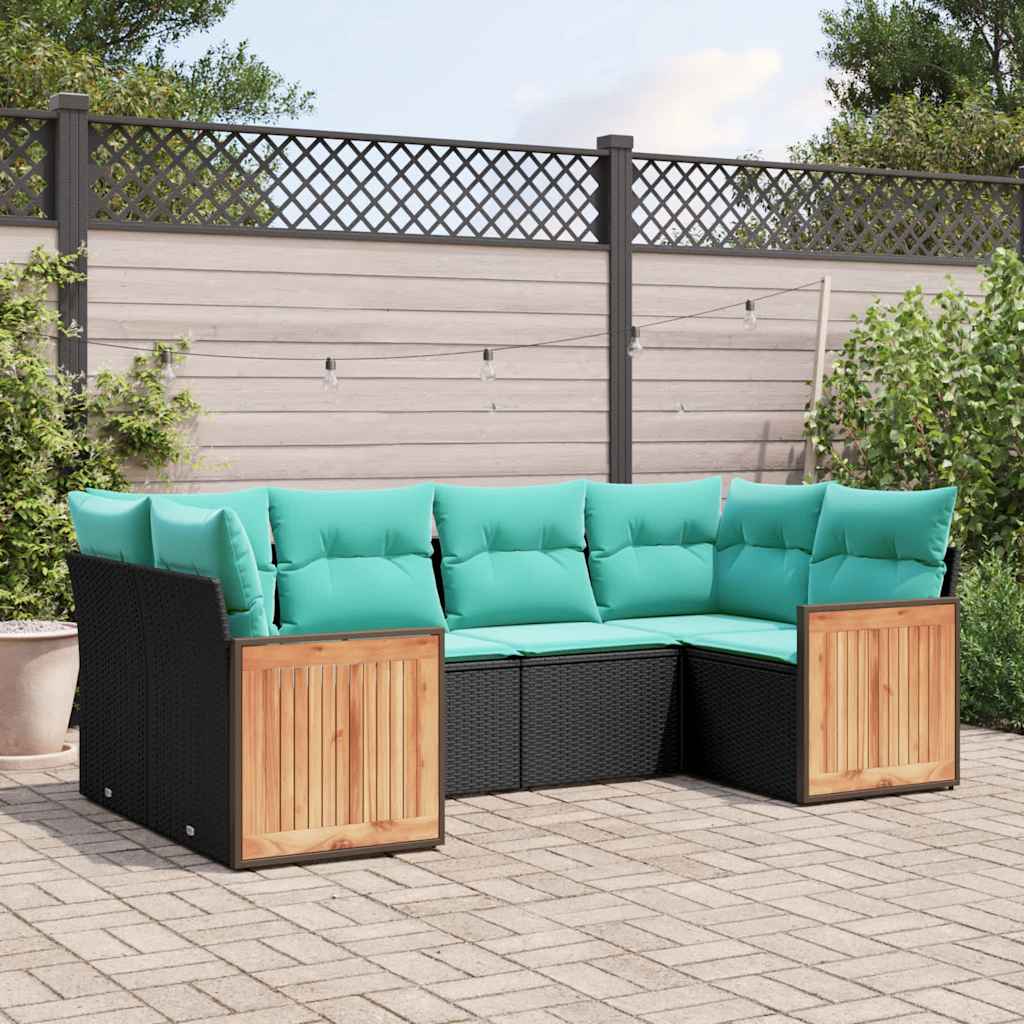 JUNG Vida 6-teiliges Gartensofa-Set mit Kissen, schwarzes Polyrattan