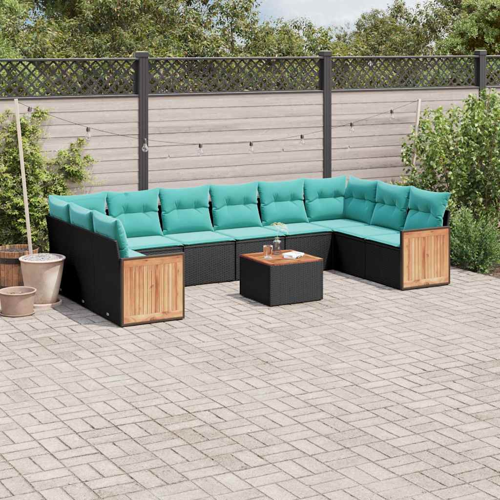 JUNG Vida 11-teiliges Gartensofa-Set mit Kissen, schwarzes Polyrattan
