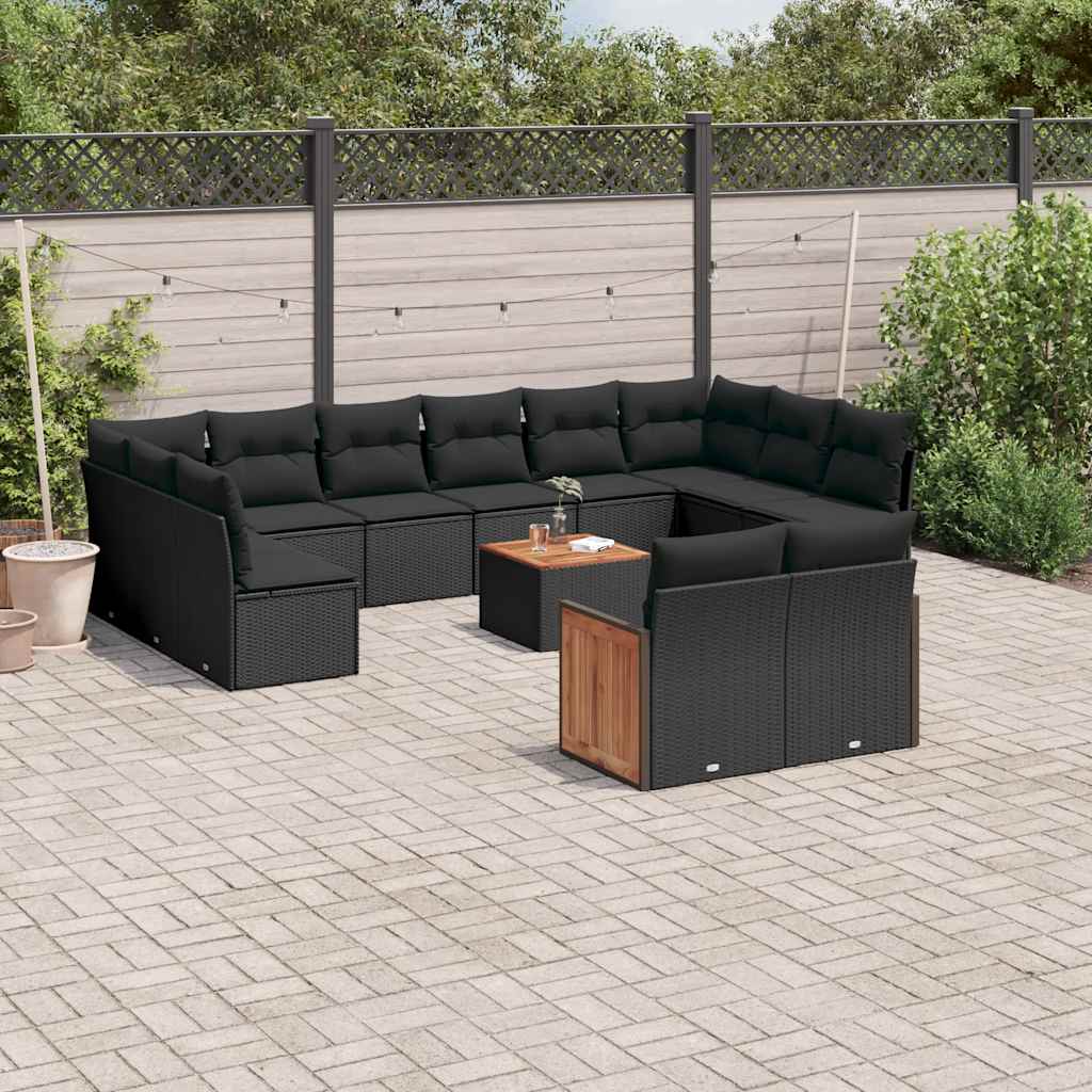 JUNG Vida 13-tlg. Garten-Sofagarnitur mit Kissen Schwarz Poly Rattan