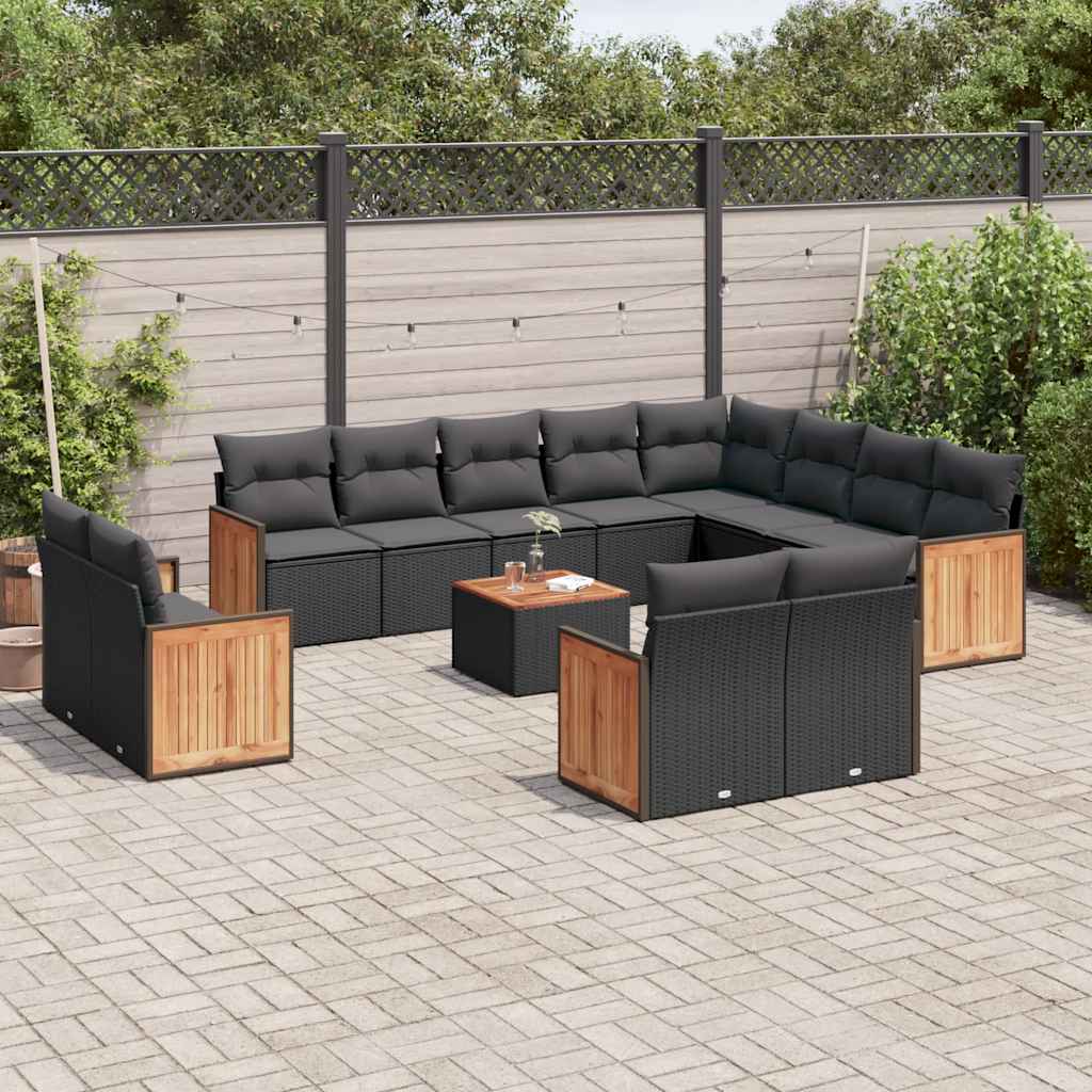 JUNG Vida 13-tlg. Garten-Sofagarnitur mit Kissen Schwarz Poly Rattan