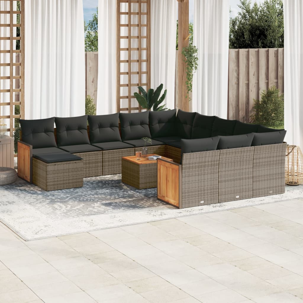 JUNG Vida 13-tlg. Garten-Sofagarnitur mit Kissen Grau Poly Rattan