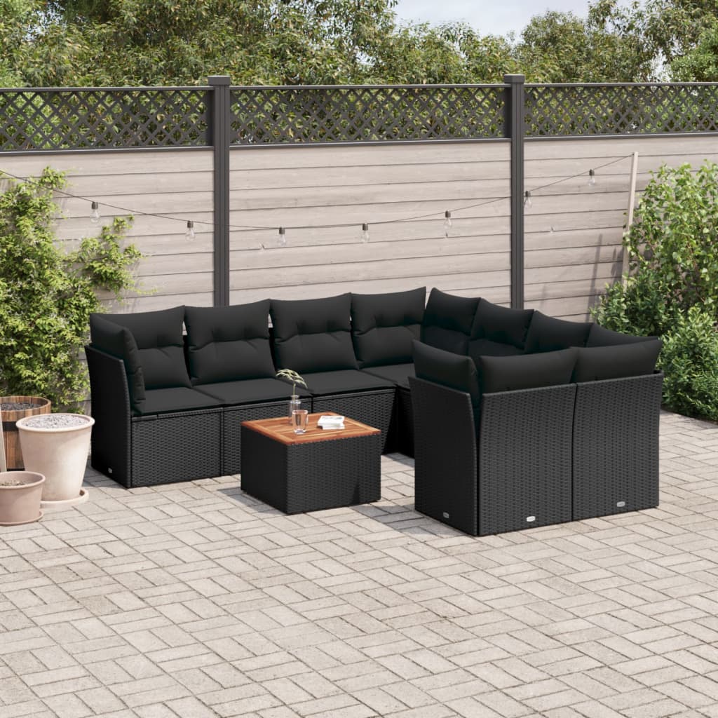 JUNG Vida 9-tlg. Garten-Sofagarnitur mit Kissen Schwarz Poly Rattan