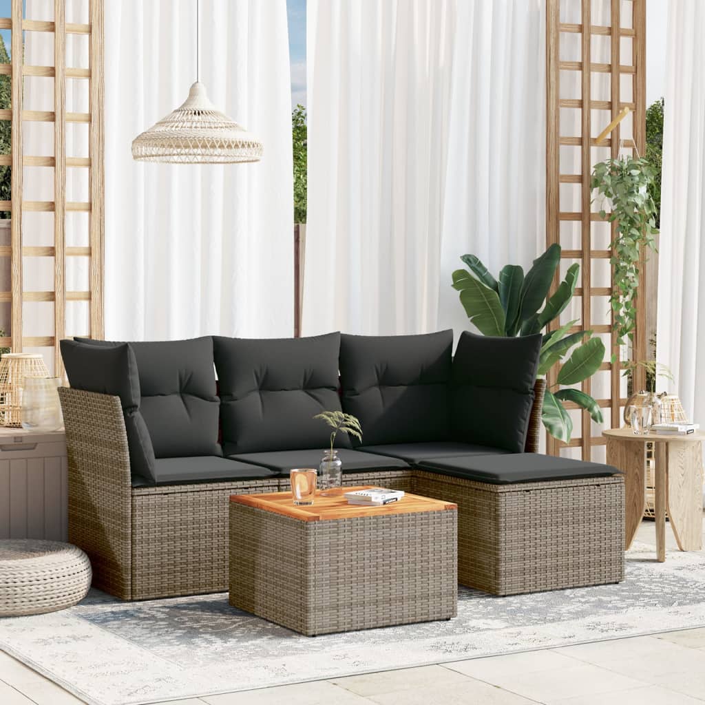 JUNG Vida 5-tlg. Garten-Sofagarnitur mit Kissen Grau Poly Rattan