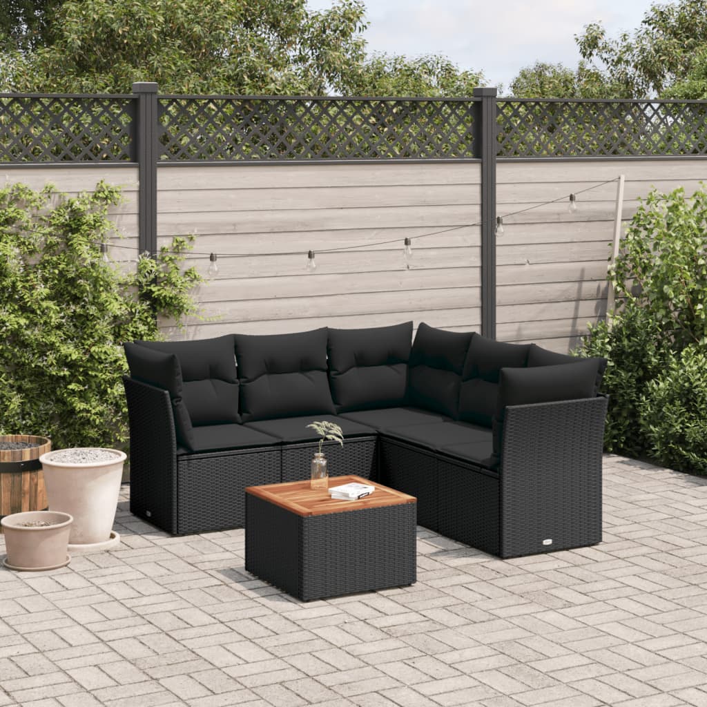 JUNG Vida 6-tlg. Garten-Sofagarnitur mit Kissen Schwarz Poly Rattan