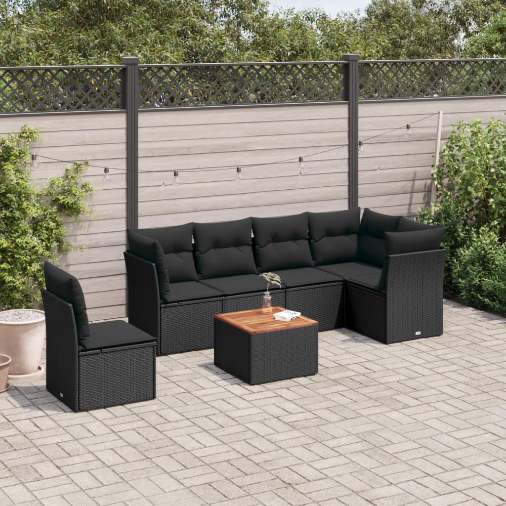 JUNG Vida 7-tlg. Garten-Sofagarnitur mit Kissen Schwarz Poly Rattan