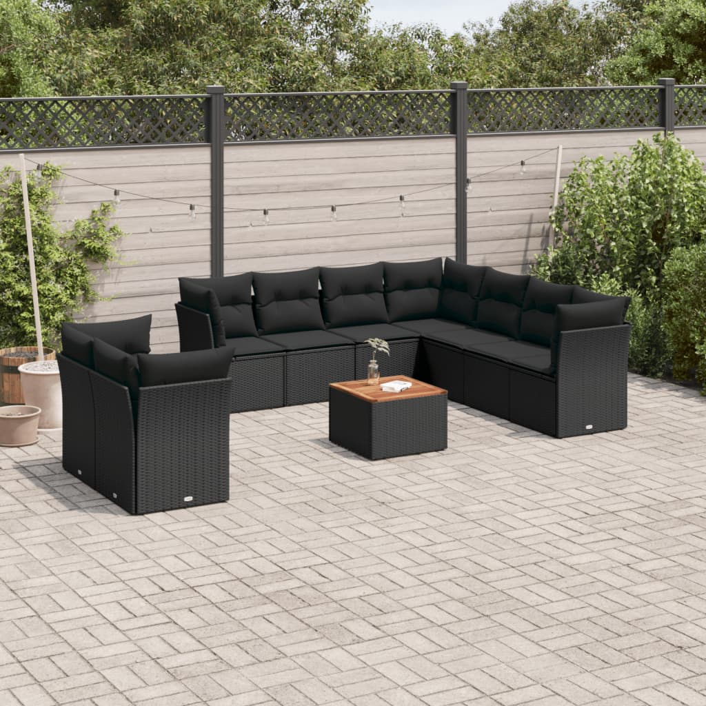 JUNG Vida 10-tlg. Garten-Sofagarnitur mit Kissen Schwarz Poly Rattan