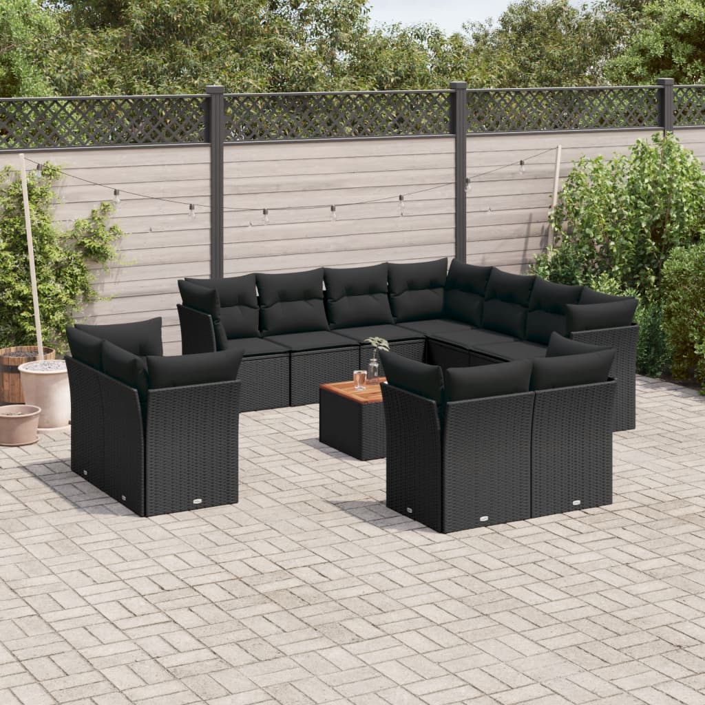 JUNG Vida 12-tlg. Garten-Sofagarnitur mit Kissen Schwarz Poly Rattan