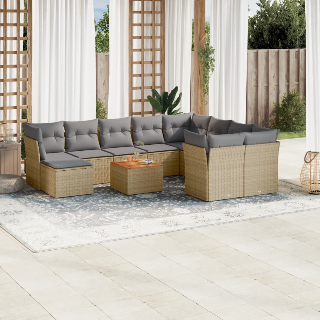 JUNG Vida 11-tlg. Garten-Sofagarnitur mit Kissen Beige Poly Rattan