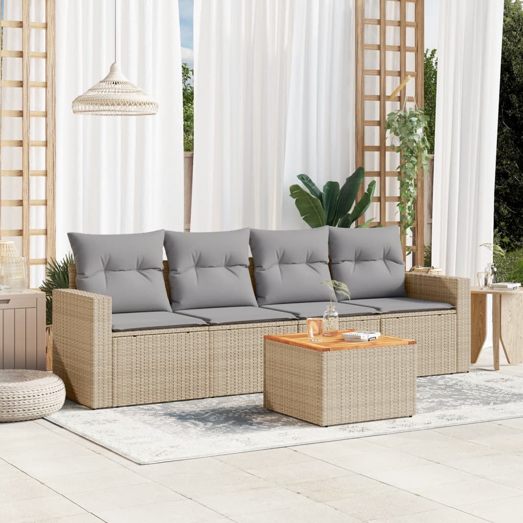 JUNG Vida 5-tlg. Garten-Sofagarnitur mit Kissen Beige Poly Rattan