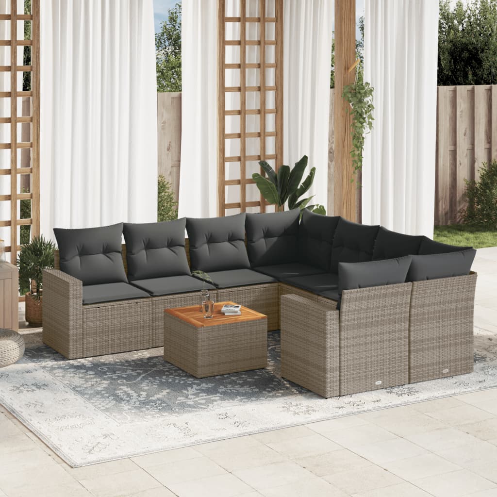 JUNG Vida 9-tlg. Garten-Sofagarnitur mit Kissen Grau Poly Rattan