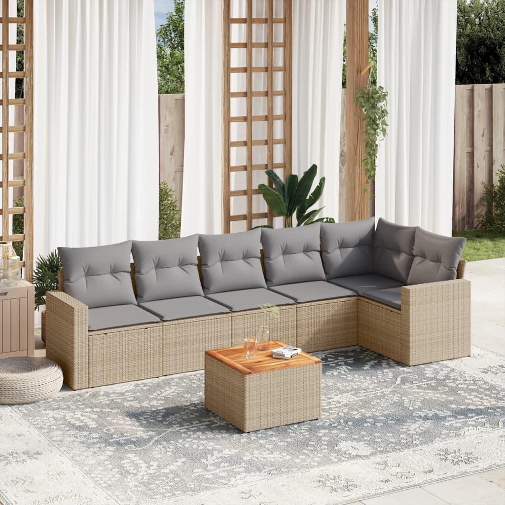 JUNG Vida 7-tlg. Garten-Sofagarnitur mit Kissen Beige Poly Rattan