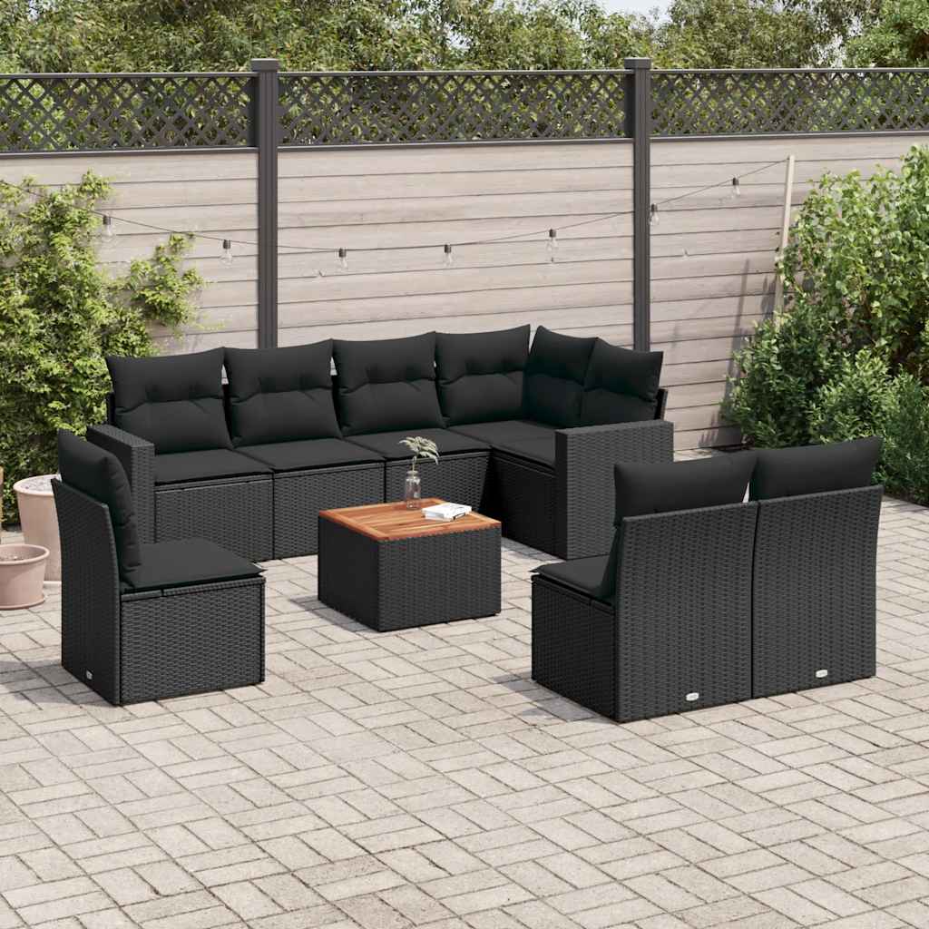 JUNG Vida 9-tlg. Garten-Sofagarnitur mit Kissen Schwarz Poly Rattan