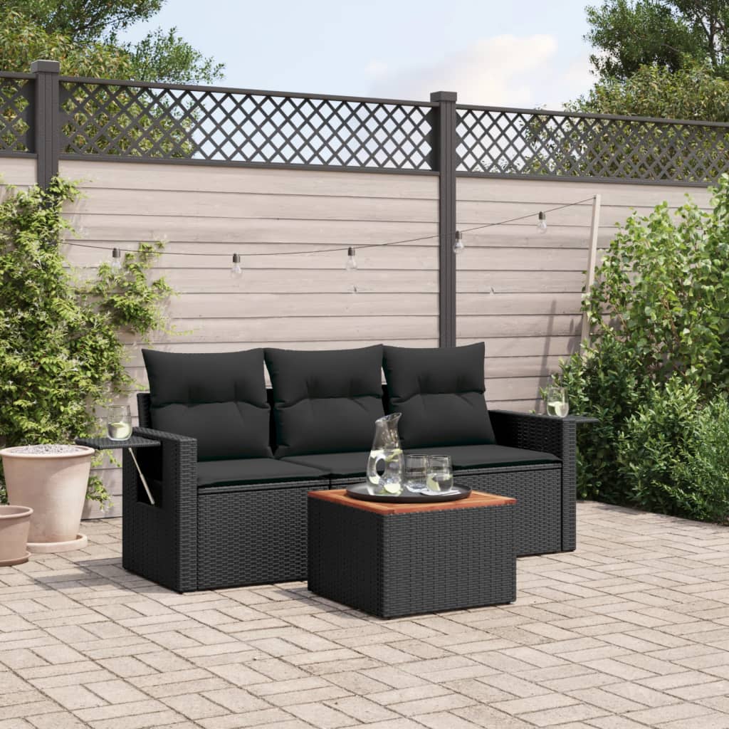 JUNG Vida 4-tlg. Garten-Sofagarnitur mit Kissen Schwarz Poly Rattan