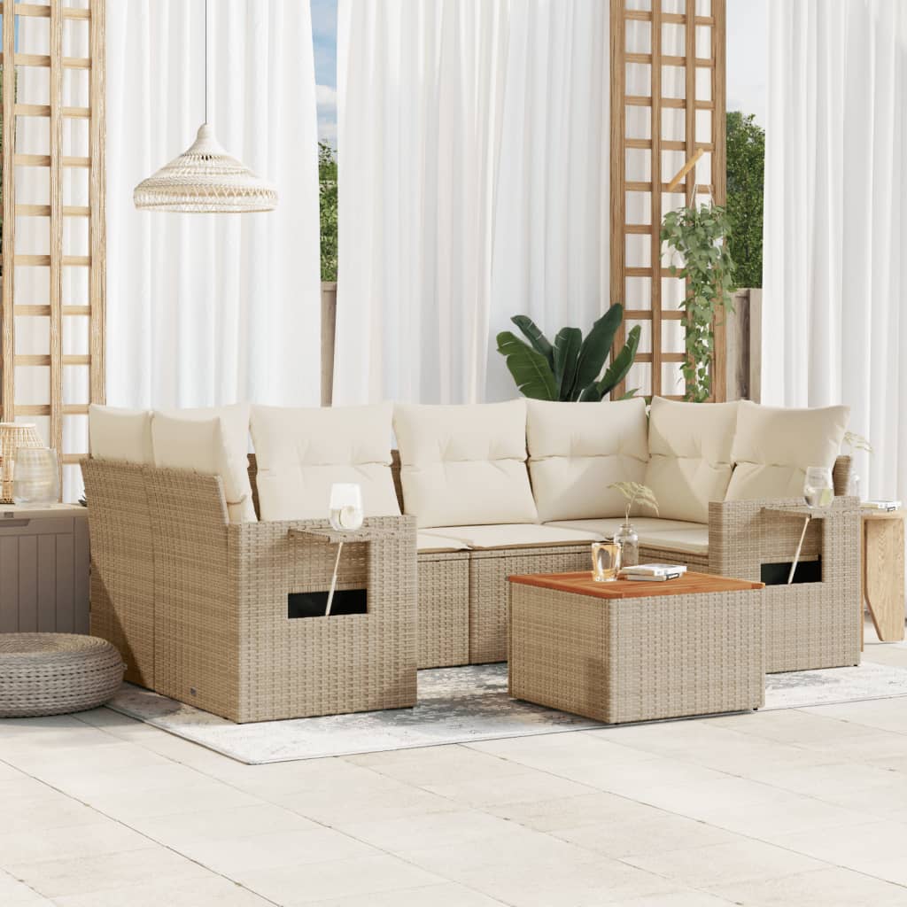 JUNG Vida 7-tlg. Garten-Sofagarnitur mit Kissen Beige Poly Rattan