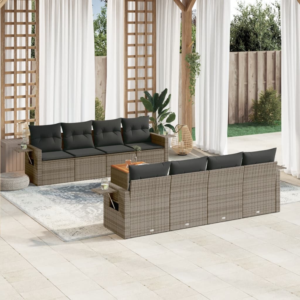 JUNG Vida 9-tlg. Garten-Sofagarnitur mit Kissen Grau Poly Rattan