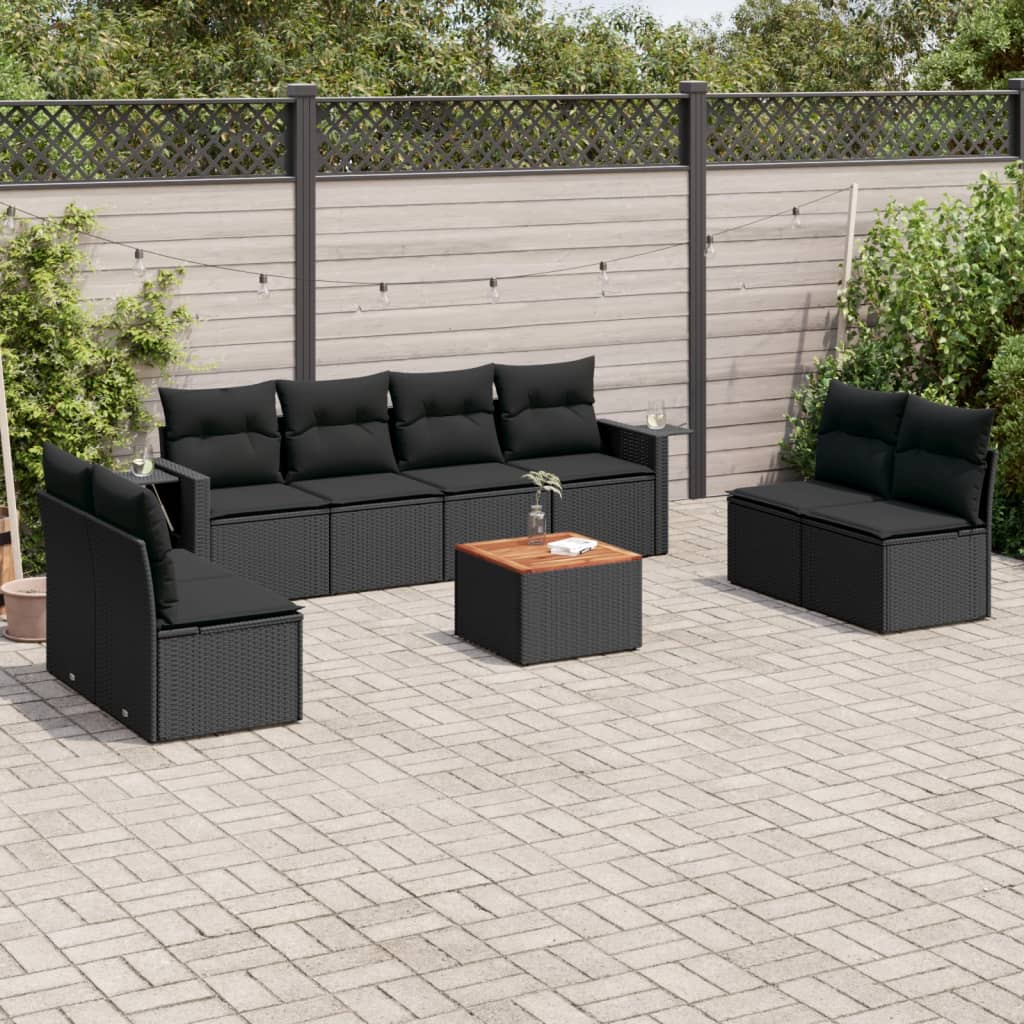 JUNG Vida 9-tlg. Garten-Sofagarnitur mit Kissen Schwarz Poly Rattan