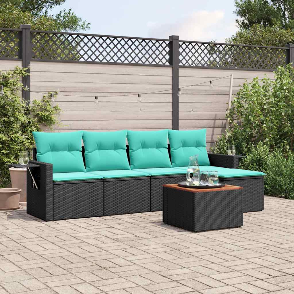 JUNG Vida 6-teiliges Gartensofa-Set mit Kissen, schwarzes Polyrattan