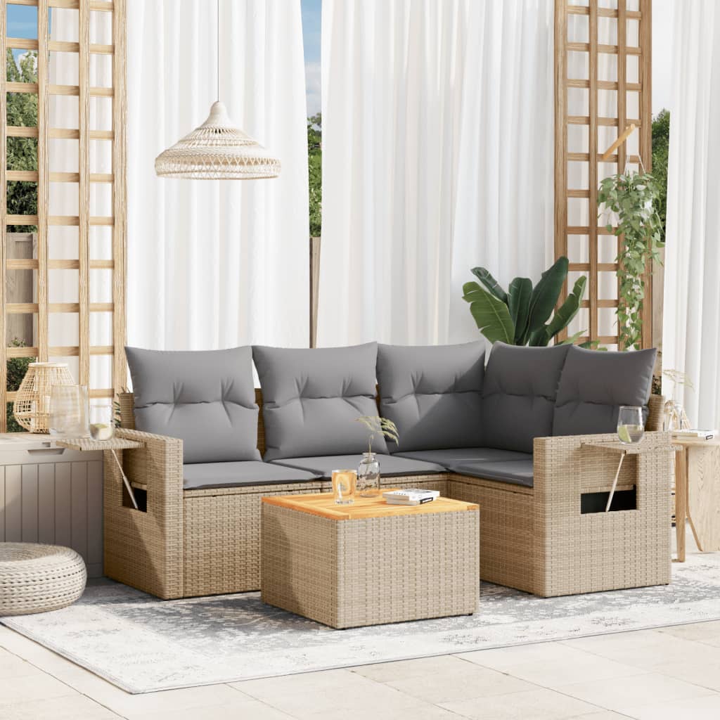 JUNG Vida 5-tlg. Garten-Sofagarnitur mit Kissen Beige Poly Rattan