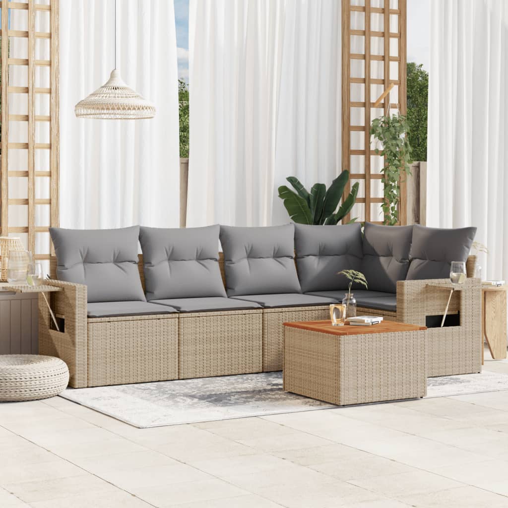 JUNG Vida 6-tlg. Garten-Sofagarnitur mit Kissen Beige Poly Rattan