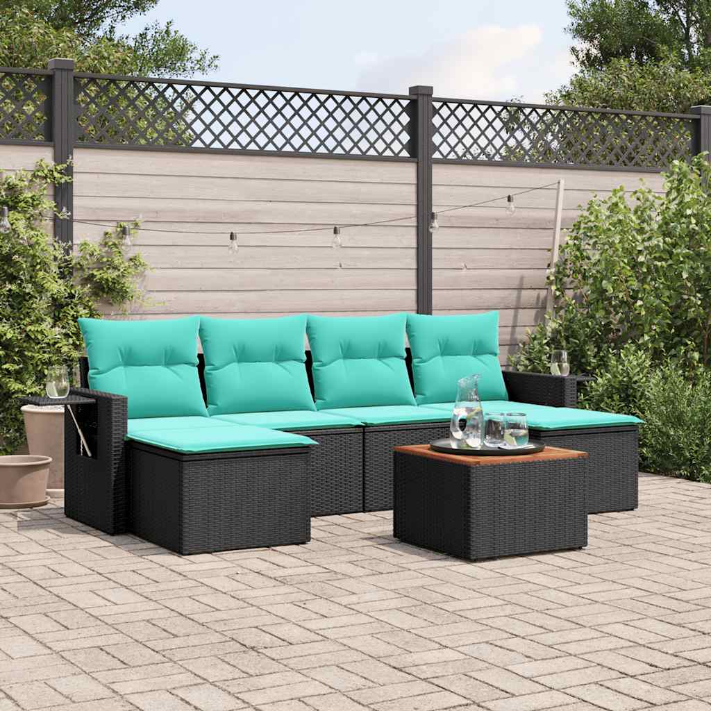 JUNG Vida 7-teiliges Gartensofa-Set mit Kissen, schwarzes Polyrattan