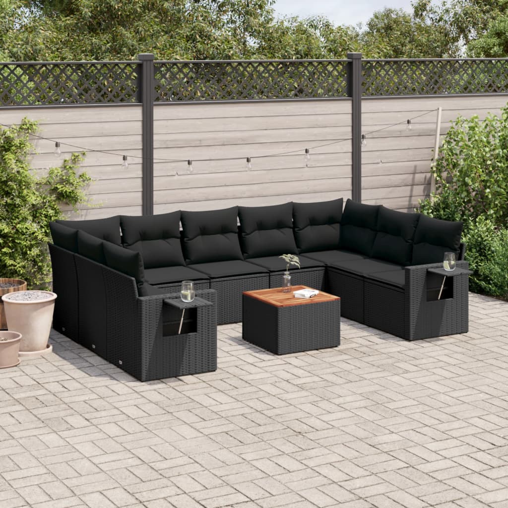 JUNG Vida 10-tlg. Garten-Sofagarnitur mit Kissen Schwarz Poly Rattan