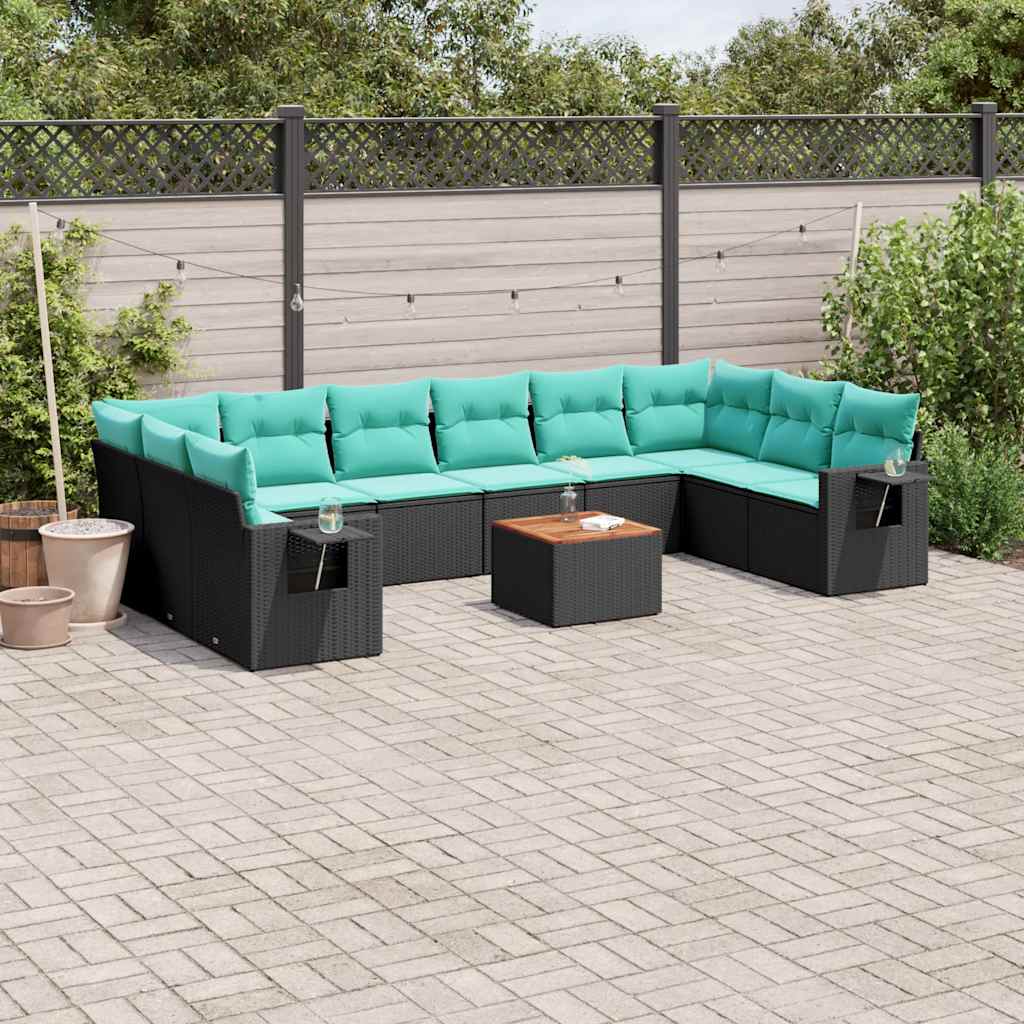 JUNG Vida 11-teiliges Gartensofa-Set mit Kissen, schwarzes Polyrattan
