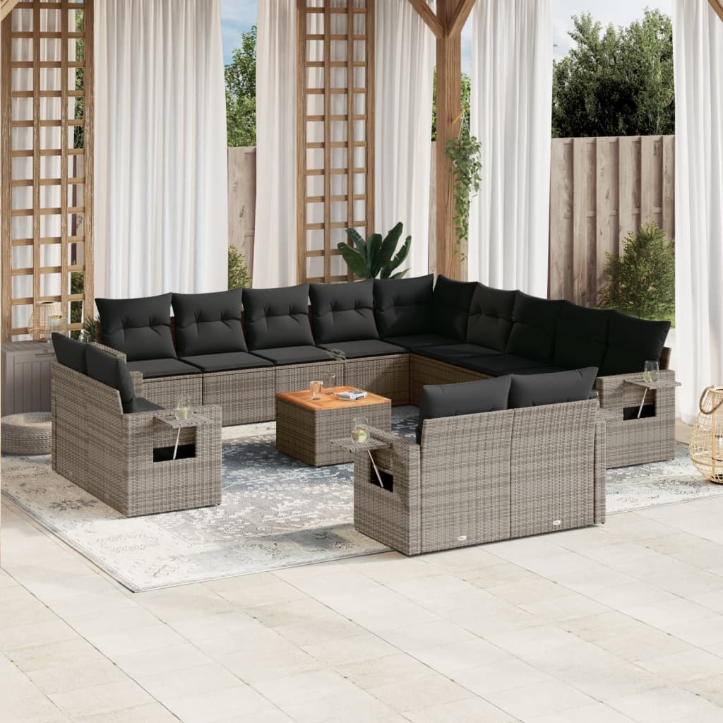 JUNG Vida 14-tlg. Garten-Sofagarnitur mit Kissen Grau Poly Rattan