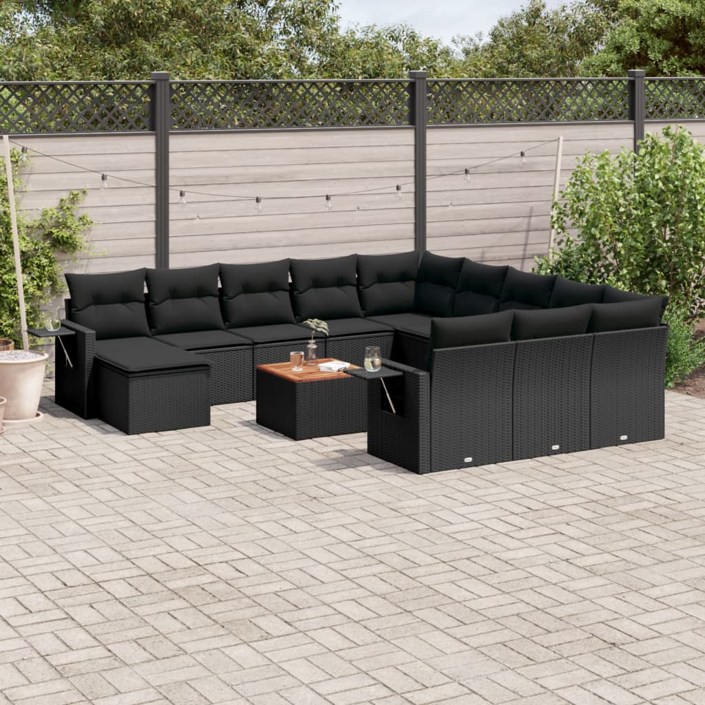 JUNG Vida 13-tlg. Garten-Sofagarnitur mit Kissen Schwarz Poly Rattan