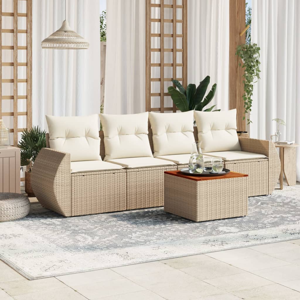 JUNG Vida 5-tlg. Garten-Sofagarnitur mit Kissen Beige Poly Rattan