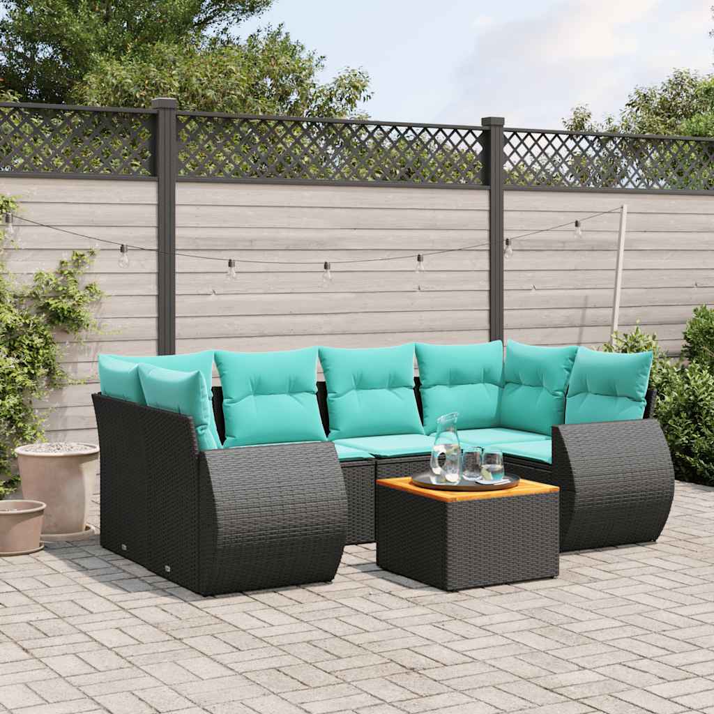 JUNG Vida 7-teiliges Gartensofa-Set mit Kissen, schwarzes Polyrattan