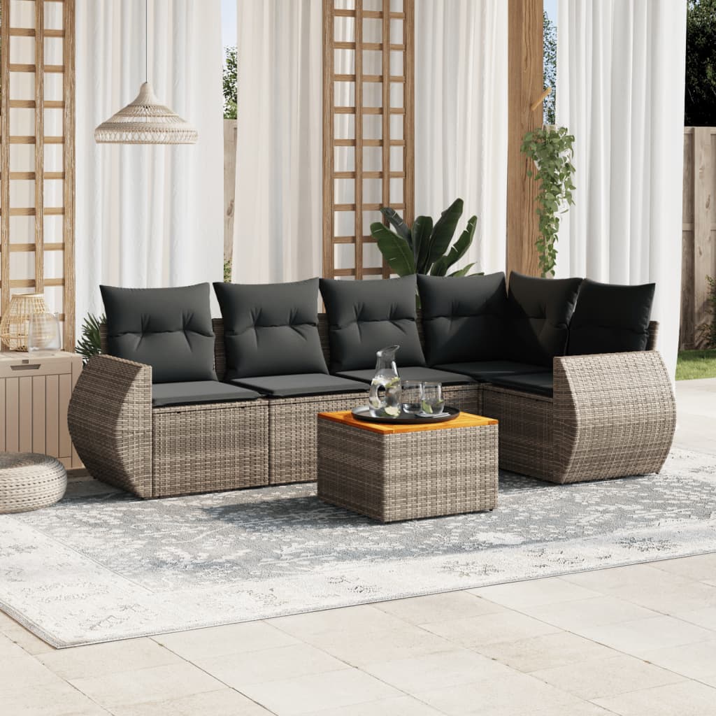 JUNG Vida 6-tlg. Garten-Sofagarnitur mit Kissen Grau Poly Rattan