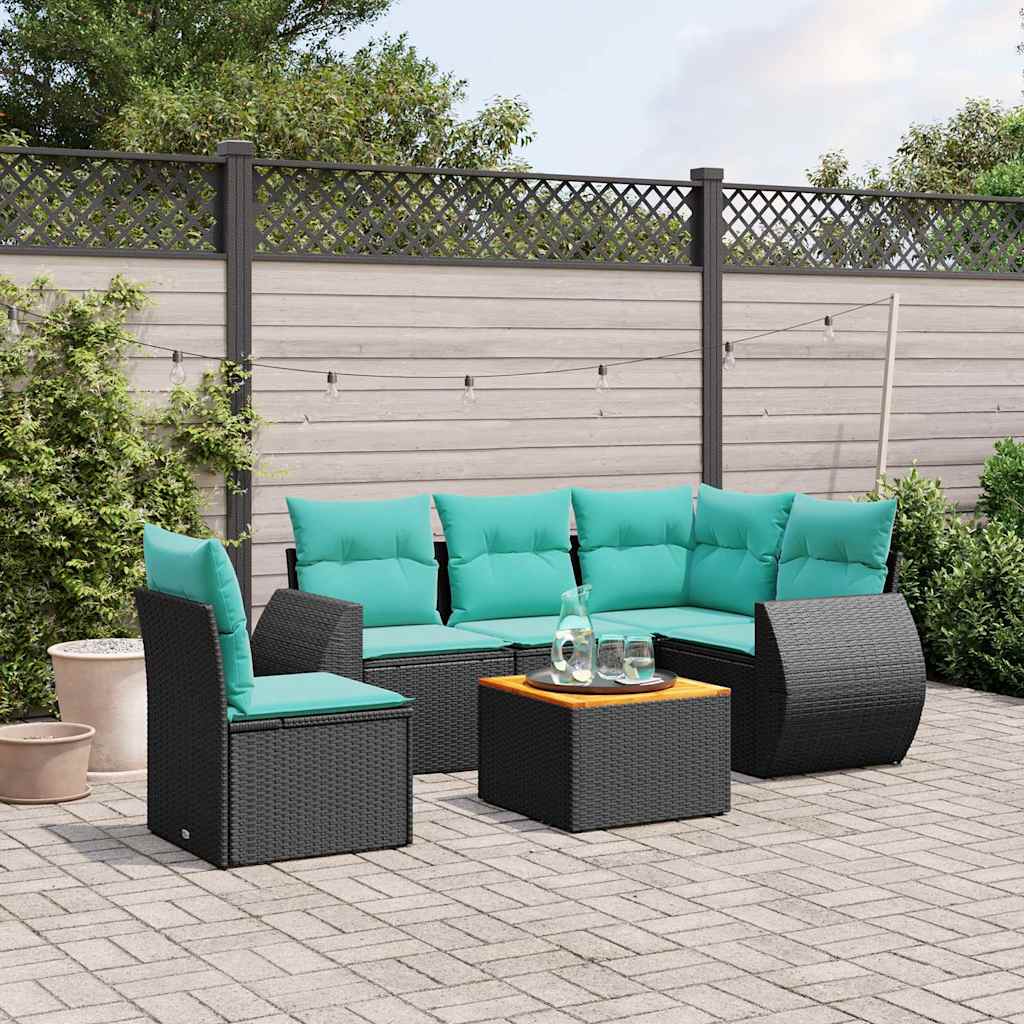 JUNG Vida 6-teiliges Gartensofa-Set mit Kissen, schwarzes Polyrattan