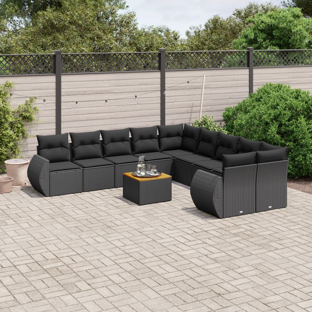 JUNG Vida 11-tlg. Garten-Sofagarnitur mit Kissen Schwarz Poly Rattan