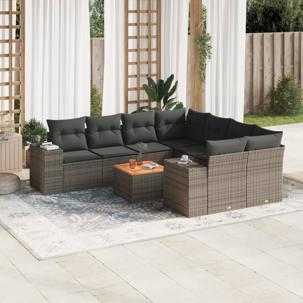 JUNG Vida 9-tlg. Garten-Sofagarnitur mit Kissen Grau Poly Rattan