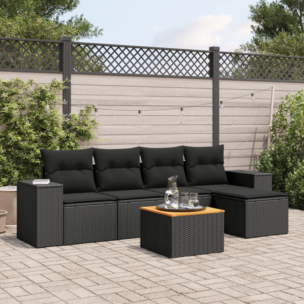 JUNG Vida 6-tlg. Garten-Sofagarnitur mit Kissen Schwarz Poly Rattan