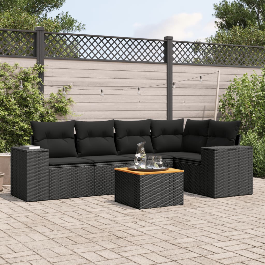 JUNG Vida 6-tlg. Garten-Sofagarnitur mit Kissen Schwarz Poly Rattan