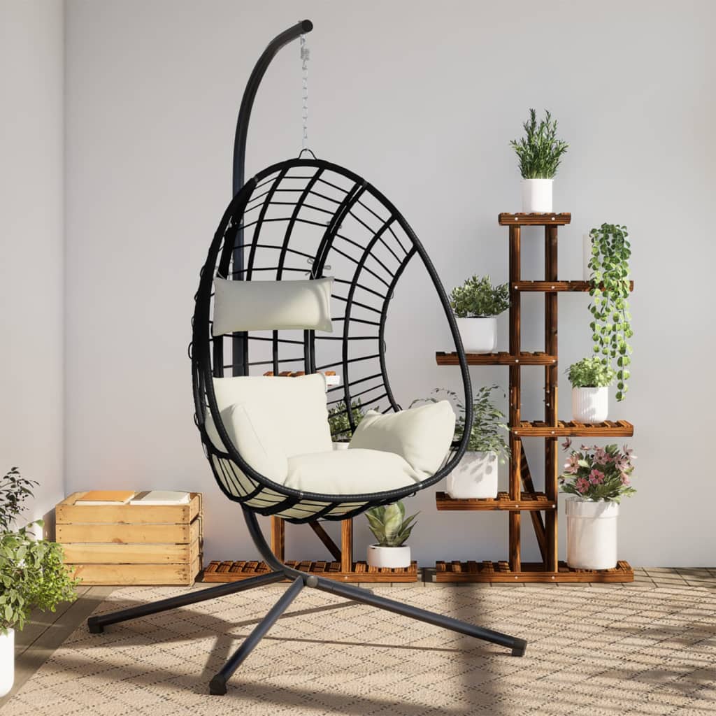 JUNG Vida Hängesessel Ei-Design mit Ständer Beige Rattan und Stahl
