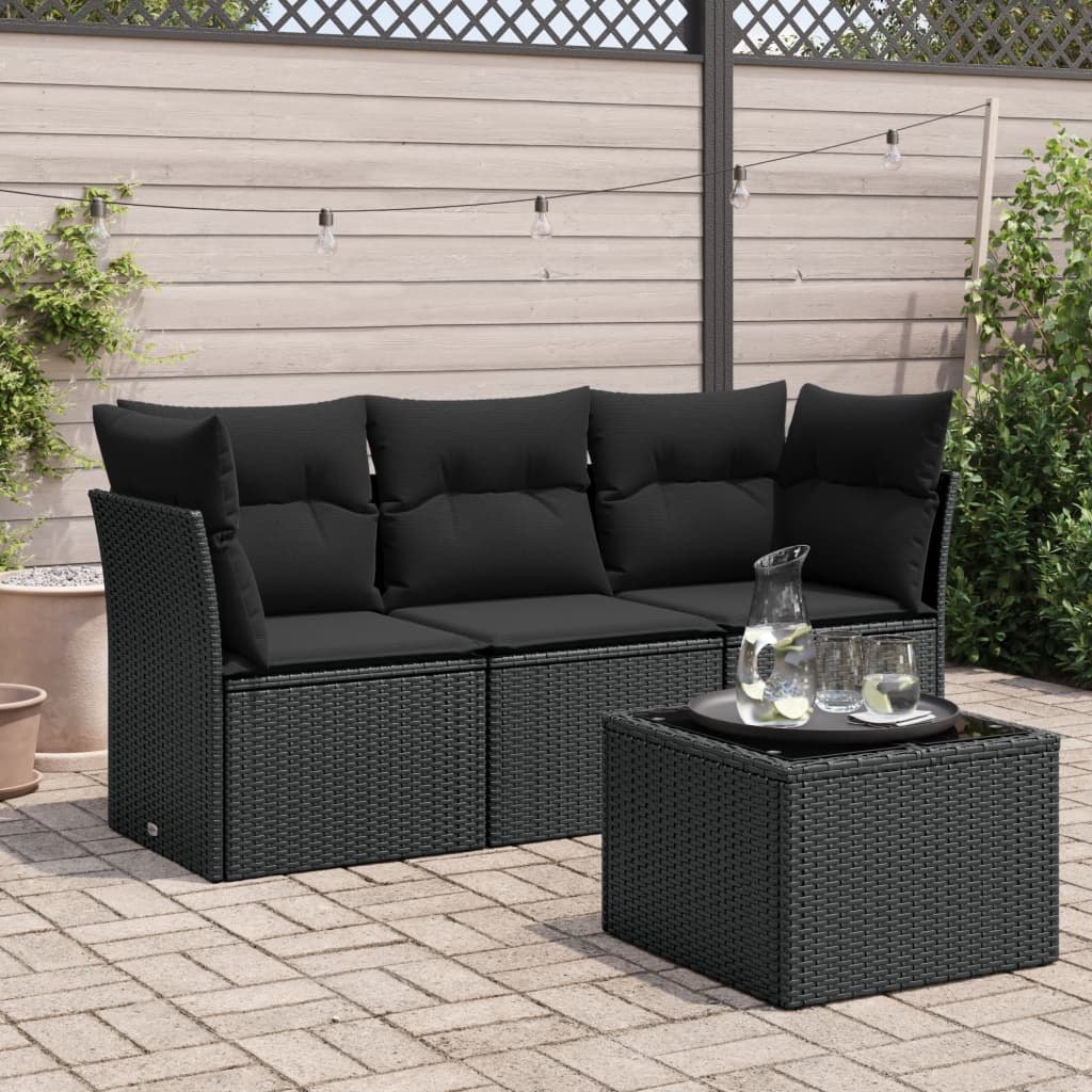 JUNG Vida 4-tlg. Garten-Sofagarnitur mit Kissen Schwarz Poly Rattan